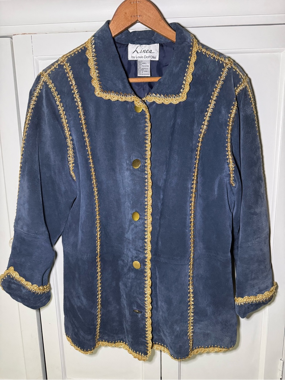 Vintage Linea by Louis Dell'Olio Women's Navy Blue Suede Jacket with Gold Trim